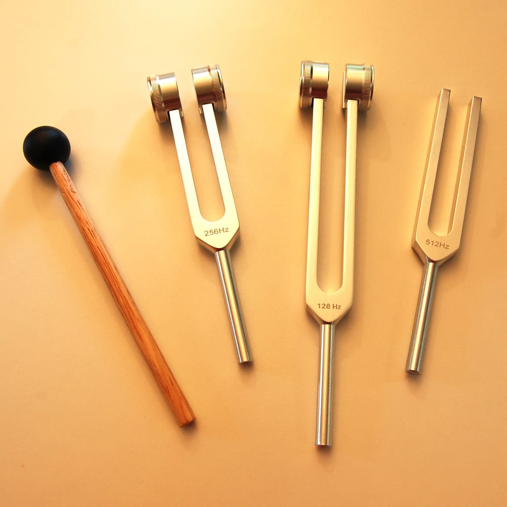 A set of tuning forks (128, 256 and 512 Hz) with a mallet
