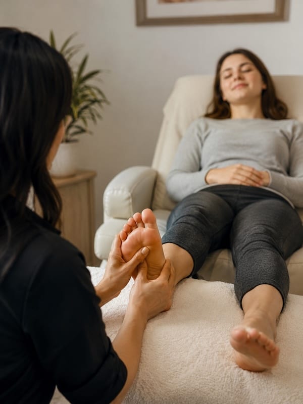 A young client relaxing in a reclining chair while receiving Reflexology on their foot