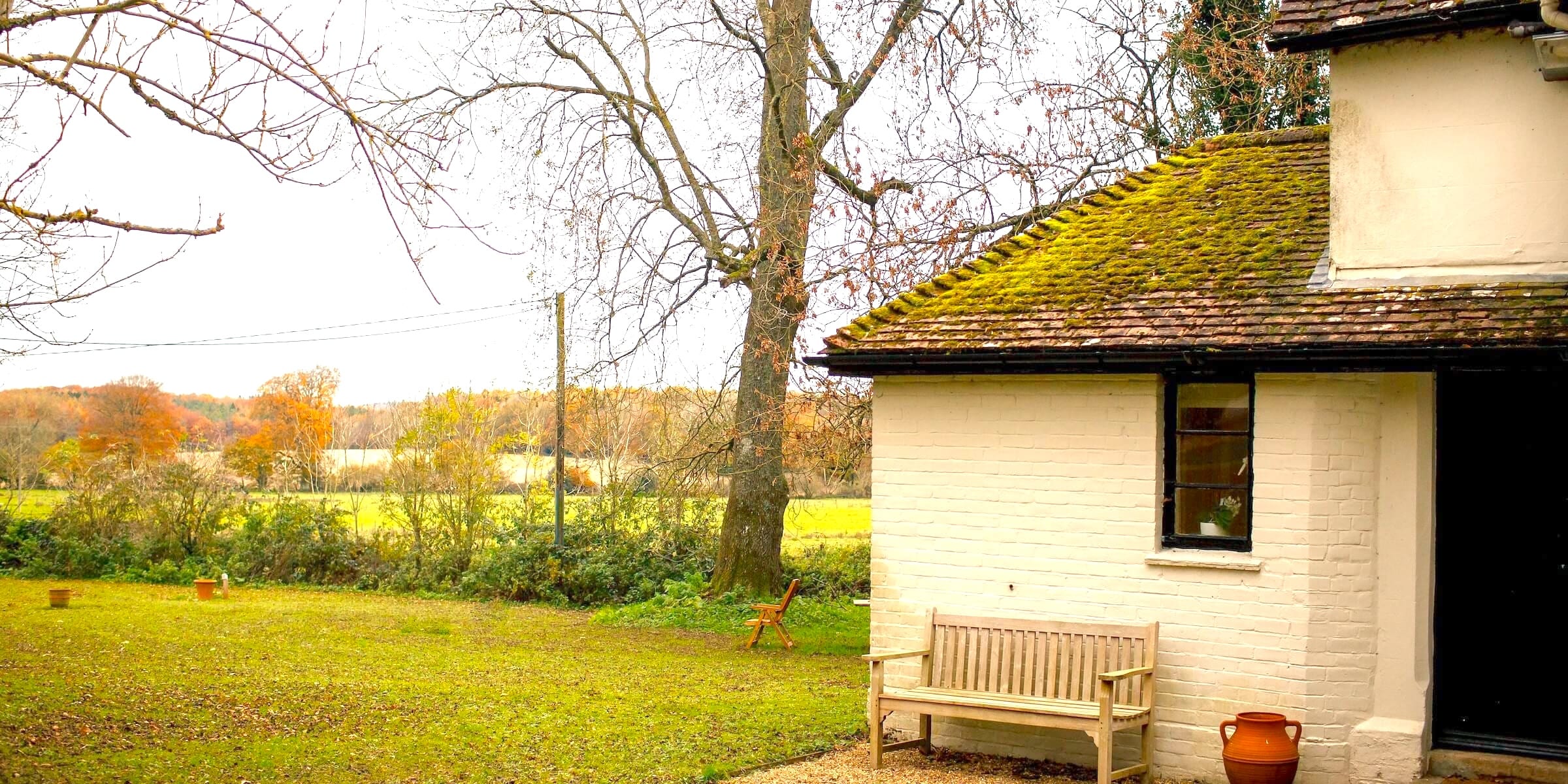 View across the grounds towards the Meon Valley, with the white-brick therapy room building set among trees in the South Downs National Park