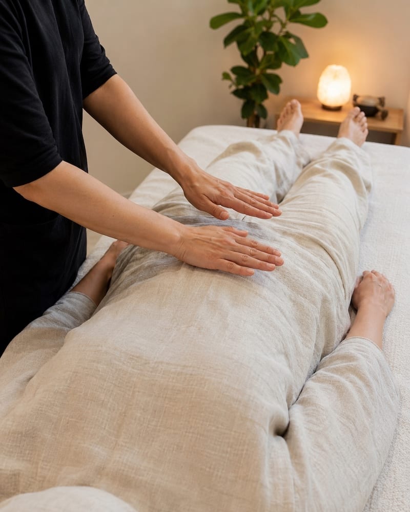 Gemma giving a Jikiden Reiki treatment, hands resting gently on a fully-clothed client lying on the treatment couch