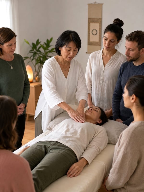 A Jikiden Reiki class – the teacher demonstrating hand positions to a small group around a client resting on a treatment couch